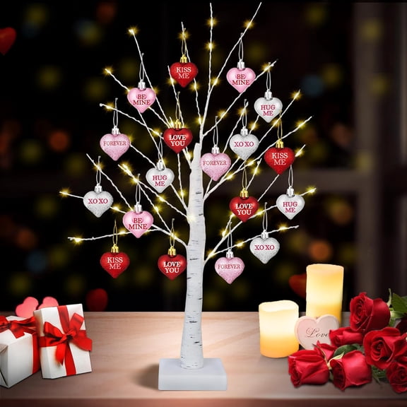 Valentines Decor 24 Inch Valentines Decorations Lighted Tree with 18 Heart Ornaments, USB/Battery Operated Valentines Decor Tree Light, Valentines Decorations for Home Table Bedroom