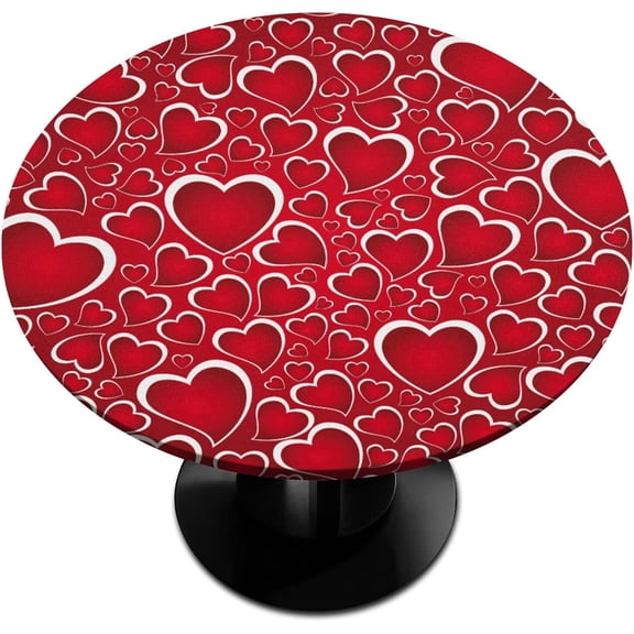 Valentines Decoration Round Fitted Tablecloth Red Heart Round Table Cover with Elastic Wipeable Polyester Circle Outdoor Table Cloths for Kitchen Picnic Party Patio Holiday Decor Fit 40"-44" Tables