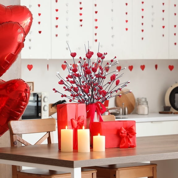 Valentines Decorations Day Artificial Flowers Picks Decor - Berry Stems with Red Pink Heart Gifts for The Home Table Centerpieces