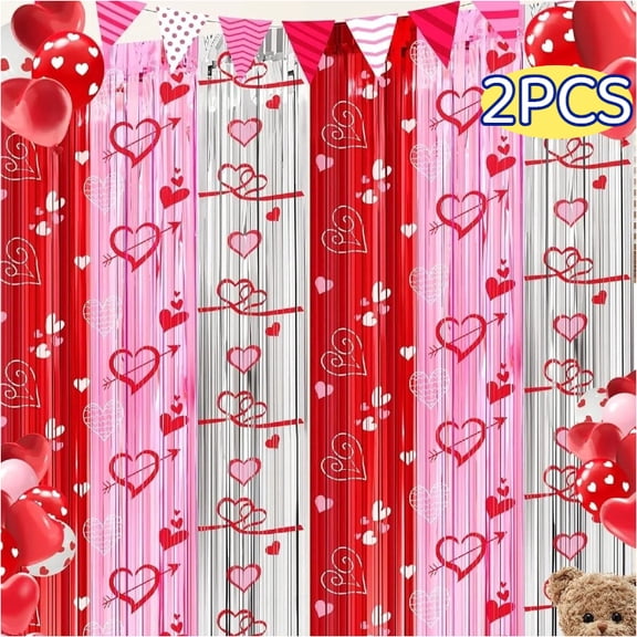 Valentines Decorations Foil Fringe Curtains for Party, 2 Pack 3.3 x 6.6 FT Galentines Day Decorations Red Pink Silver Tinsel Streamer, Valentines Backdrop Heart Decoration for Birthday Wedding