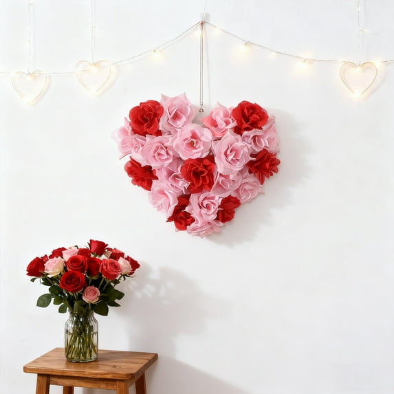 Valentines Decorations Heart-Shaped Wreath, Valentine's Day Hanging Decorations, Valentine Door Decor Artificial Rose Ornaments, Valentines Decor Valentine Heart Wreath