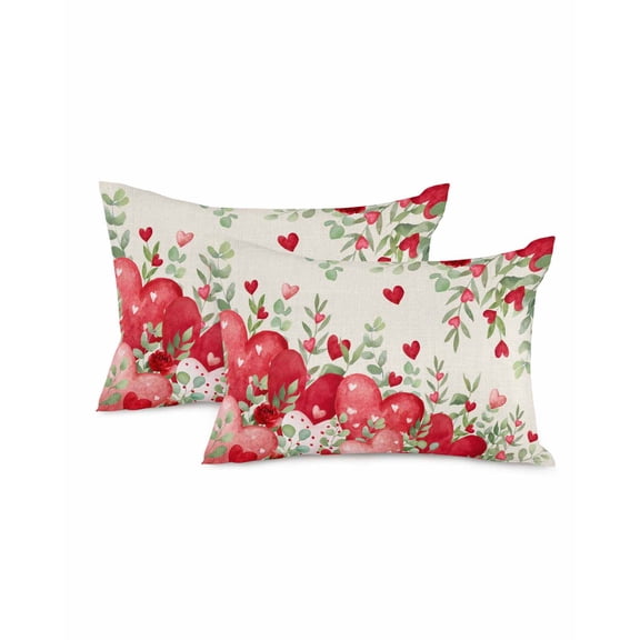 Valentines Decorative Throw Pillow Covers 12x20 Inch Set of 2 Red Love Heart Pillow Cases for Couch, Eucalyptus Leaves Sage Green Cushion Case for Living Room Bedroom Bed Car Chair