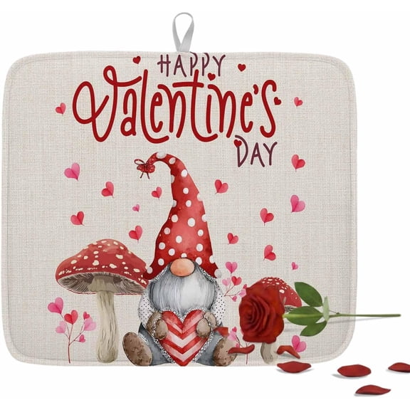 Valentines Dish Drying Mat Love Gnome Drying Matt for Kitchen Counter Pink Heart Red Mushrooms Valentine''s Day Decor Absorbent Microfiber Quick Dry Pad Non Slip Drainer Mats 18x24 Inch