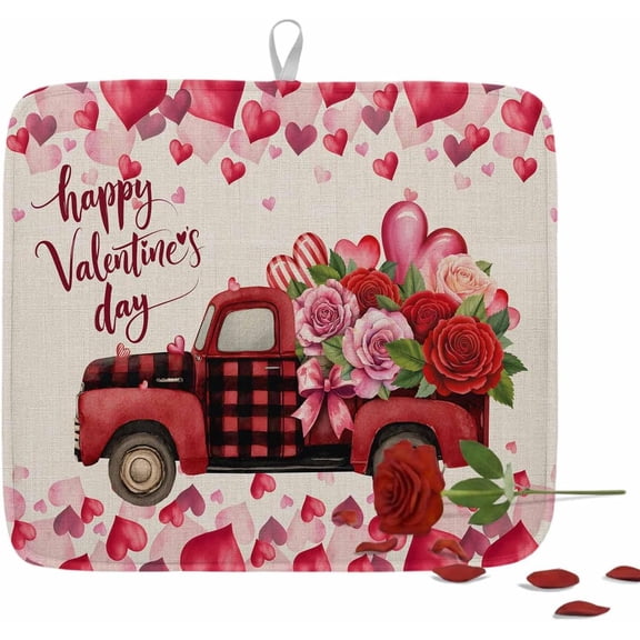 Valentines Dish Drying Mat Red Truck Drying Matt for Kitchen Counter Romantic Rose Heart Valentine''s Day Decor Absorbent Microfiber Quick Dry Pad Non Slip Drainer Mats 18x24 Inch