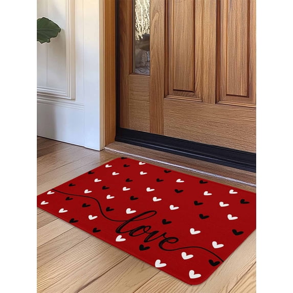 Valentines Door Mat Indoor Outdoor Entrance, Non Slip Rug for Kitchen Bathroom Entryway Rug, Black White Love Heart Red Washable Doormat Floor Mat for Office Home Decor 20x31.5 Inch