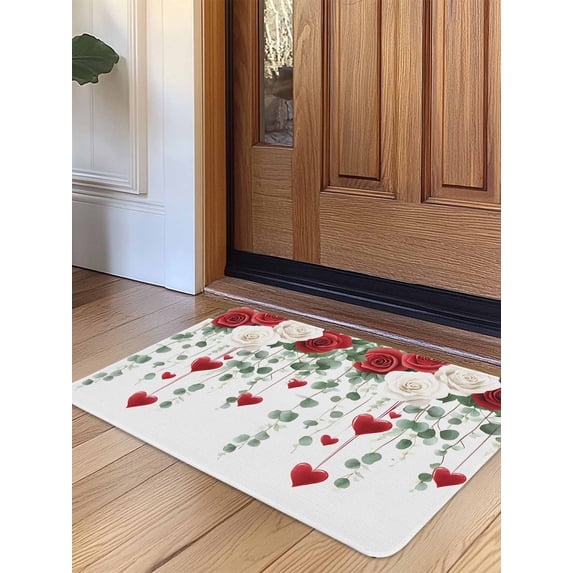 Valentines Door Mat Indoor Outdoor Entrance, Non Slip Rug for Kitchen Bathroom Entryway Rug, Love Heart Spring Floral Botanical Washable Doormat Floor Mat for Office Home Decor 24x36 Inch