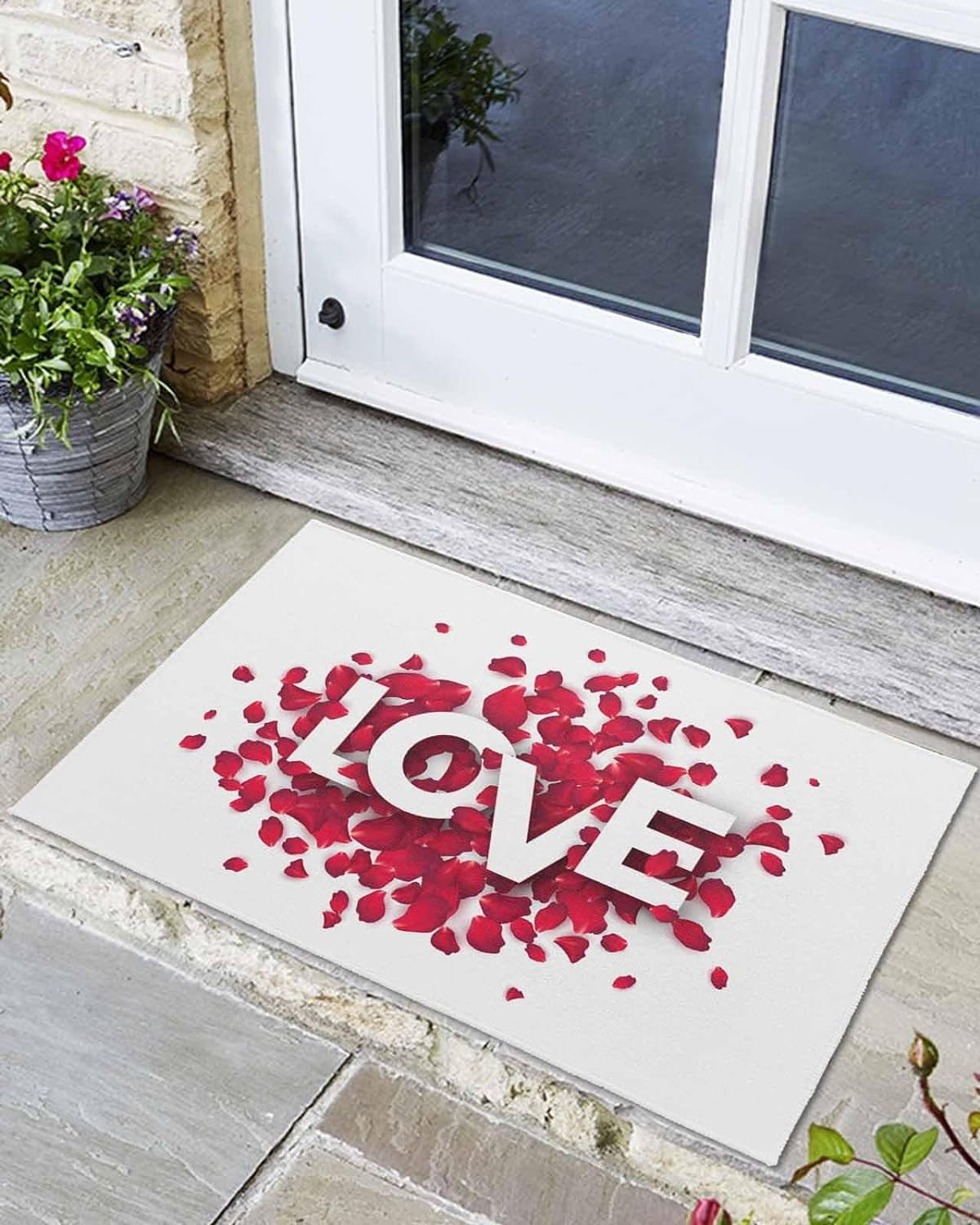 Valentines Doormat Indoor Door Mat, Valentine Rose Petals Love White ...