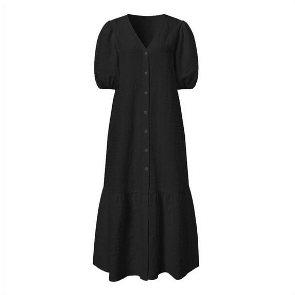 Valentines Dress For Women, 2025 Elegant V Neck Button Down Casual Dress Pleated Linen Flowy Wedding Guest Easter Church Cocktail Party Daily Wear Spring Summer Dresses Midi (L, Black) ZMTing