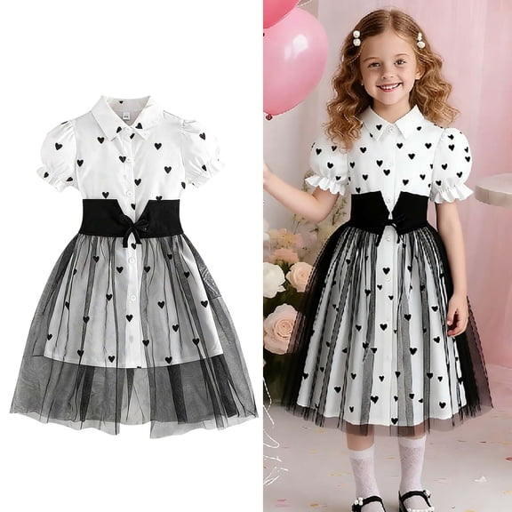 Valentines Dress for Girls Puff Sleeve Heart Print Tutu Dress Girls Tulle Dresses Valentines Outfit Girls Outfits Size 5-6 Years