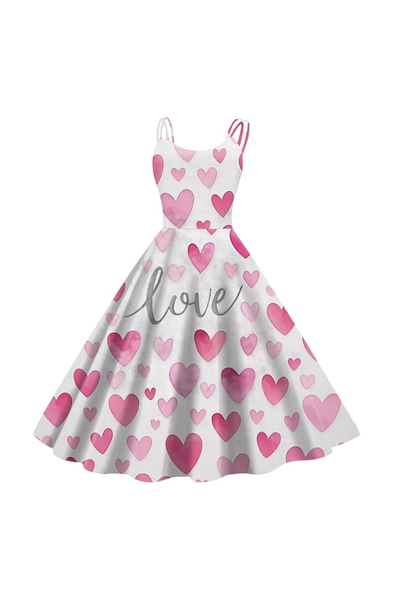 Valentines Dress for Women Sleeveless Love Heart Print Dresses 2026 Spring Summer A-Line Strapless Cocktail Punk Dress Pink 2XL