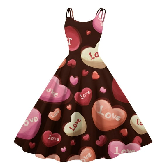 Valentines Dress for Women Sleeveless Midi Dress Round Neck A-Line Vintage Valentine Heart Print Party Dresses Pink M