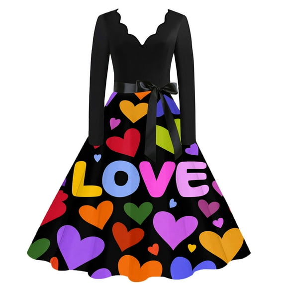 Valentines Dress for Women with Heart Print and Script Pattern A-line Flared Long Sleeve V-Neck Dress Multicolor 5XL