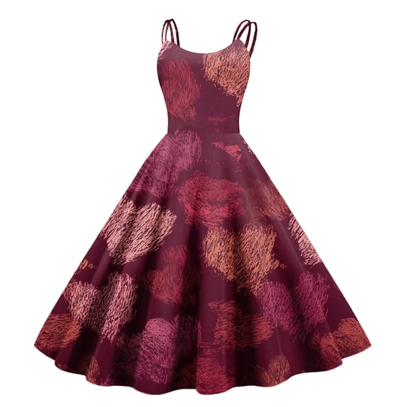 Valentines Dresses for Women Heart Printed Mini Dress Fit and Flare Sleeveless Wedding Guest Dresses Wine S