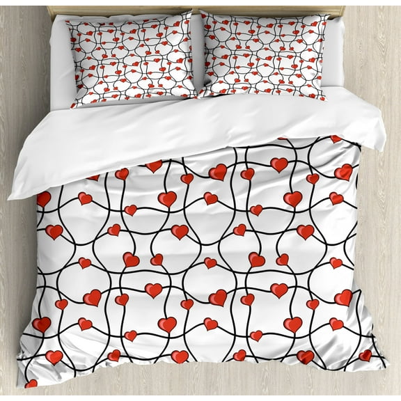 Valentines Duvet Cover Set King Size, Geometric Themed Illustration with Lines and Hearts Romantic Valentines Day, Decorative 3 Piece Bedding Set with 2 Pillow Shams, Red Black White, by Ambesonne