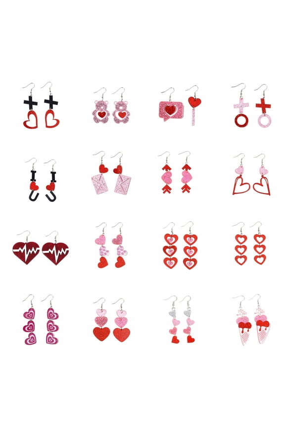 Valentines Earrings for Women 16 Pairs Valentine Heart Earrings Set Red Tassel Long Dangling Earrings Handmade Beaded Hoop Stud Earrings Glitter Rhinestone Pearl Studs Valentine’s Holiday Gift