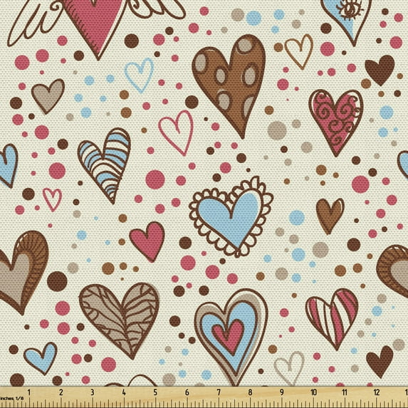 Ambesonne Valentines Fabric by the Yard Upholstery, Hand Drawn Hearts, 1 Yard, Multicolor