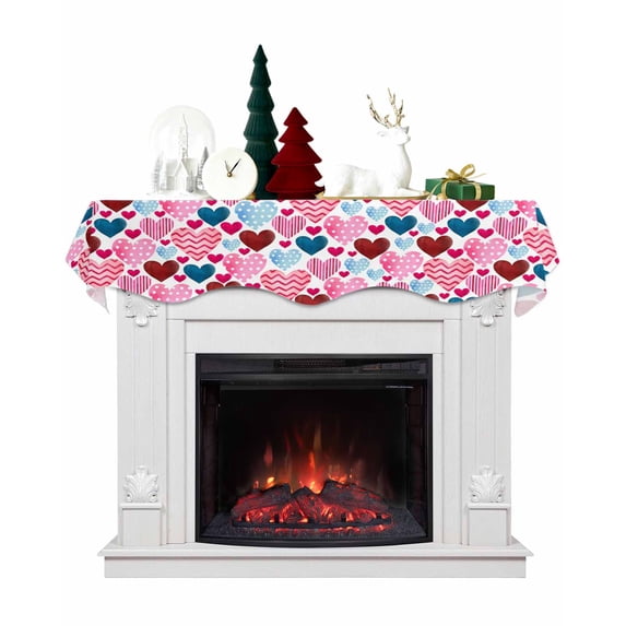 Valentines Fireplace Mantel Scarf Table Runner, Pink Red Blue Love Heart Watercolor Winter Garland Mantel Top Tablerunners Dresser Scarves Cover Decorations for Windows Party Living Room 70''x17''