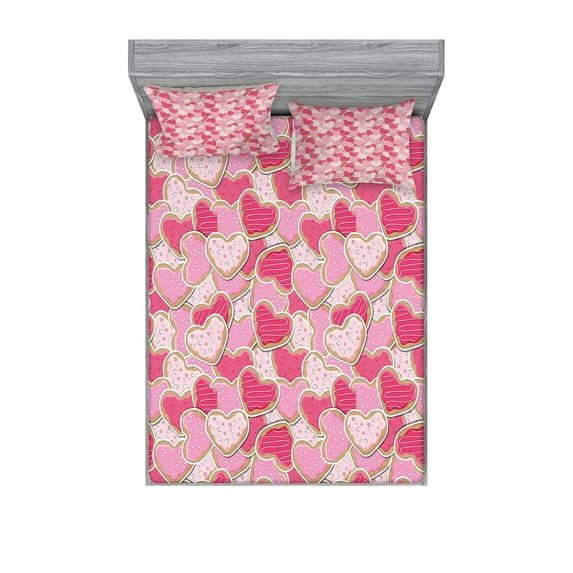 Valentines Fitted Sheet & Pillow Sham Set, Heart Shaped Cookies Surprise Tasty Goodies for Valentines Day, Decorative Printed 6 Piece Bedding Decor Set, Full, Pale Brown Pale Pink, by Ambesonne