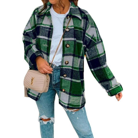 Christmas Flannel Shirts for Women Casual Plaid Long Sleeve Shackets Jackets Womens Button Down Boyfriend Coats Blouses Shermie