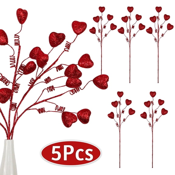 Valentines Floral Picks Heart Picks Foam Red Sparkly Sticks for Vase Filler Flower Arrangements for Home Kitchen Decoration Supplies 5PCS Set 4