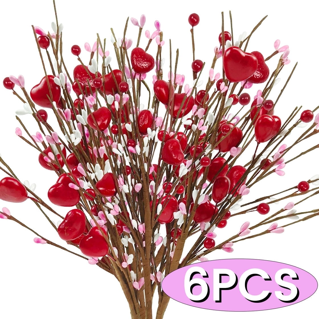 Valentine's Day Table Centerpiece Set - 3 Artificial Heart-Shaped Red Berry Stems, 17.3 In Each, For Home & Wedding Decor