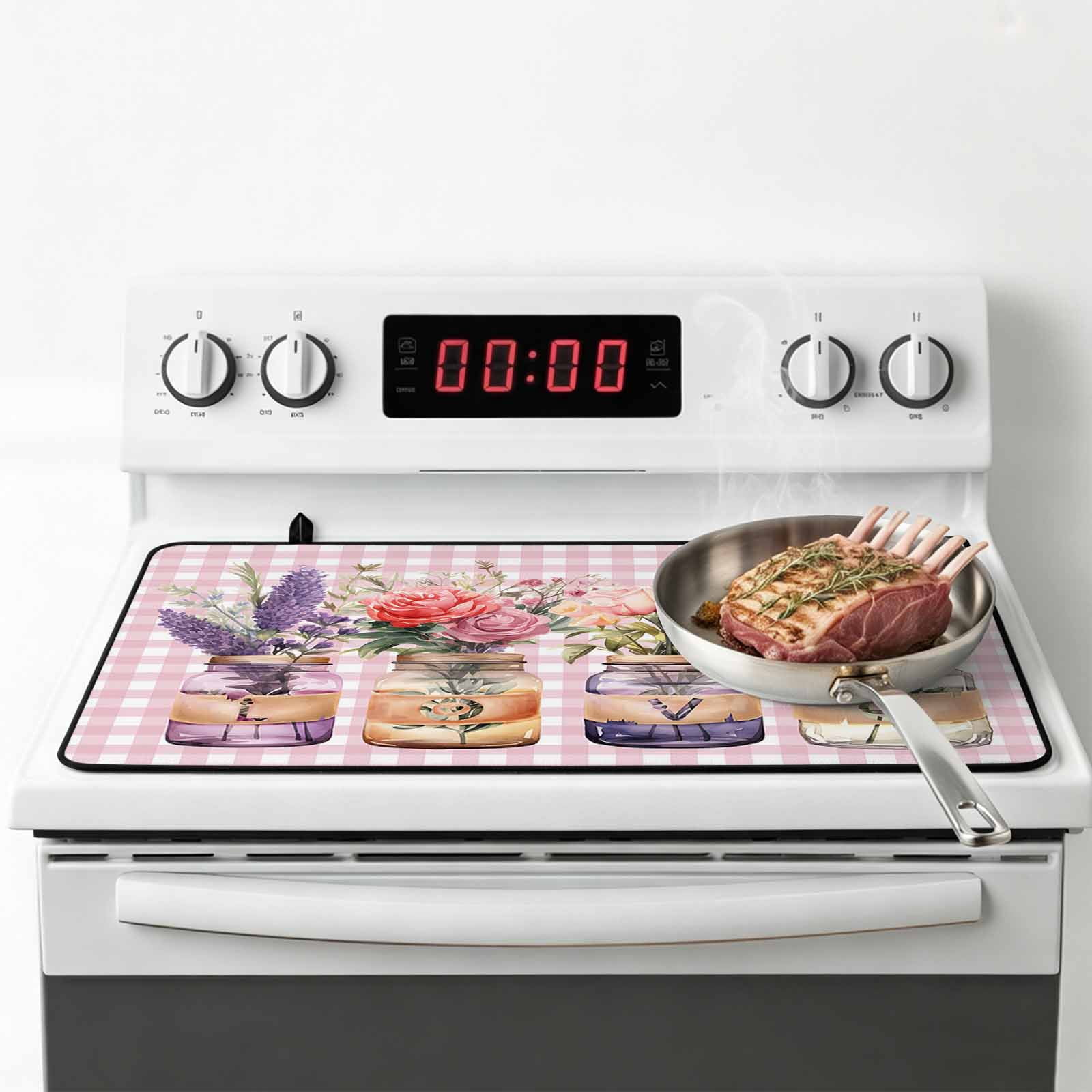 Valentines Flowers Stove Top Cover for Electric Stove, Heat-proof & Non Slip Glass Top Stove Cover Protector, Watercolor Floral Botanical Pink Plaid Kitchen Flat Cooktop Rubber Mat 24x21 Inches