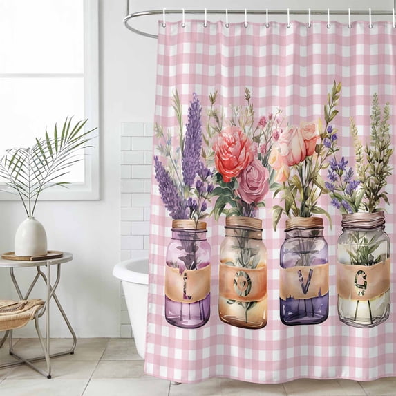 Valentines Flowers Waterproof Fabric Shower Curtain,Watercolor Floral Botanical Pink Plaid Waterproof Fabric Shower Curtain for Bathroom Curtains Bathtubs Shower Curtains with 12 Hooks Long 72x78in