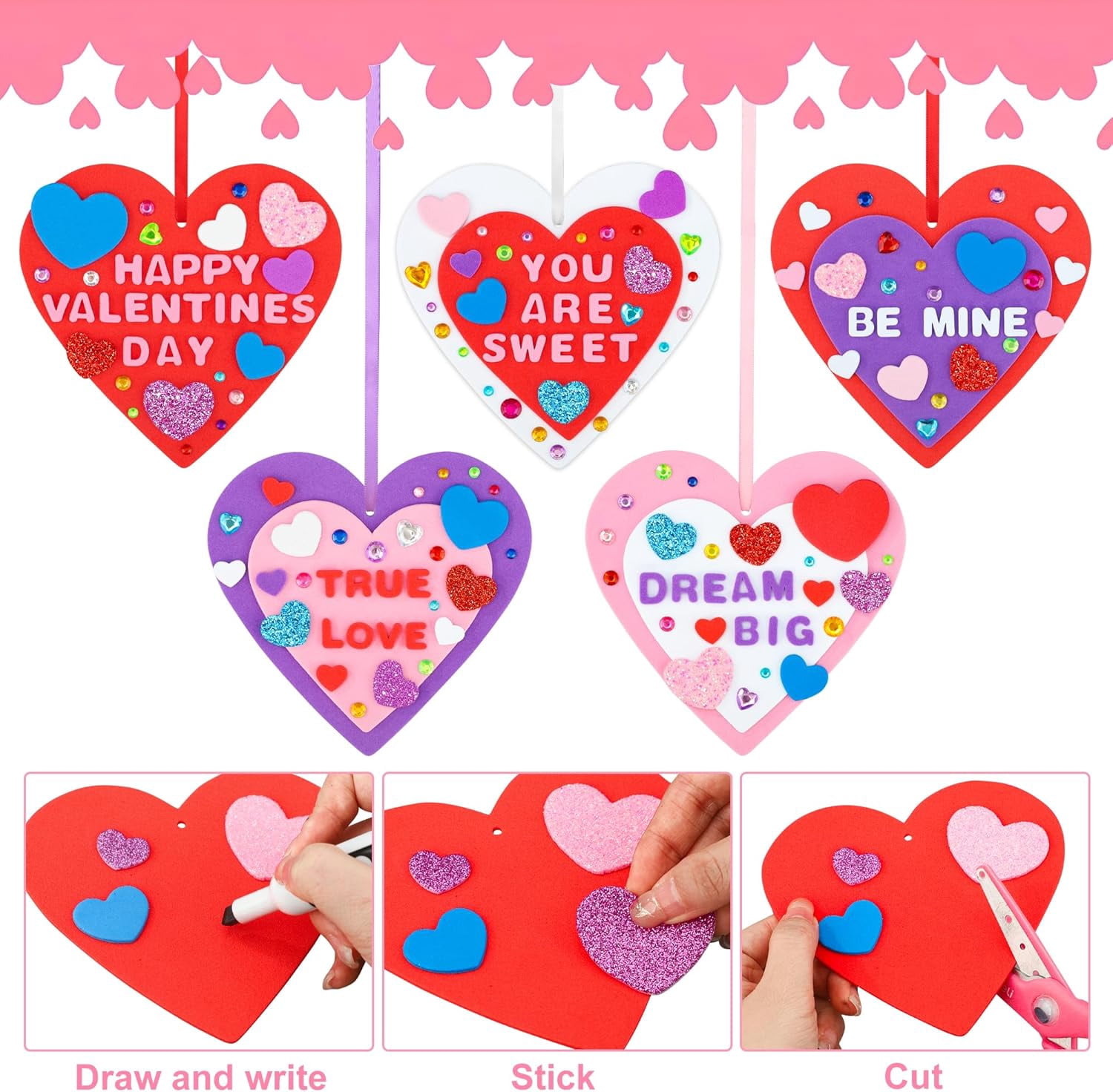 Valentines Foam Heart Craft Kit DIY Hearts Ornaments with Stickers Glitter Self Adhesive Heart Sticker for Valentines Day Home Classroom DIY Art Gift Decoration