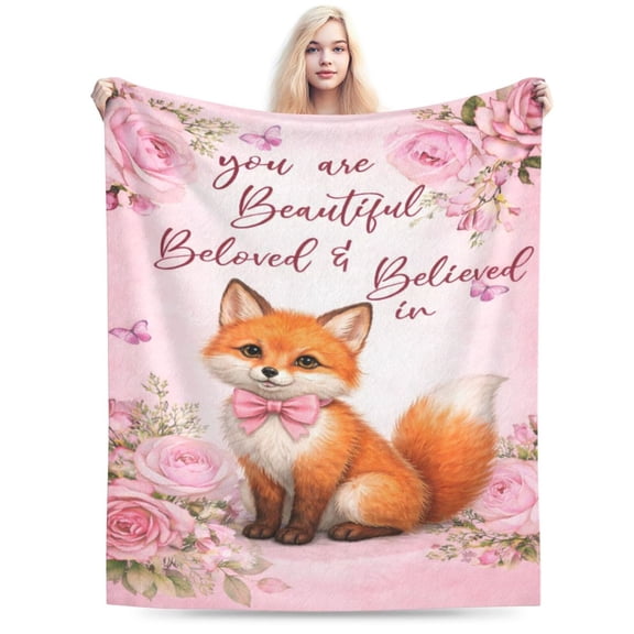 Valentines Fox Rose Blanket Inspirational Floral Throw Soft Flannel Fleece Cozy Pink Butterfly Pattern Home Decor Gift for Women Adults 50x40