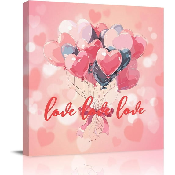 Valentines Framed Canvas Wall Art for Living Room Pink Red Love Heart Wall Decor, Balloon Bow Tie Aesthetic Paintings for Bedroom Office Kitchen Bathroom, Ready to Hang Valentine Day Wall Pictures