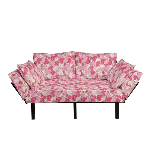 Valentines Futon Couch, Heart Shaped Cookies Surprise Tasty Goodies for Valentines Day, Daybed with Metal Frame Upholstered Sofa for Living Dorm, Loveseat, Pale Brown Pale Pink, by Ambesonne