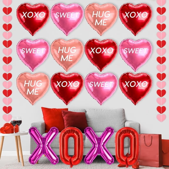 Valentines Galentines Day Decorations, XOXO Letters Balloons, Love Foil Balloons with SWEET HUG ME Prints, Heart Hanging Garlands for Propose, Wedding Backdrop Party Supplies