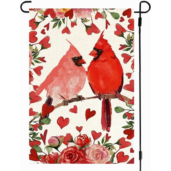 Valentines Garden Flag 12x18 Inch Double Sided With Cardinals And Red Hearts Holiday Anniversary Wedding Yard Lawn Outdoor Decoration Red
