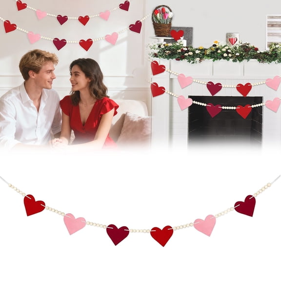 Valentines Garland,Valentines Day Decorations,Wood Bead Garland with Felt Hearts for Valentine Decor,Red and Pink Farmhouse Valentine's Day Banner for Wedding,Anniversary Decorations(1PCS)