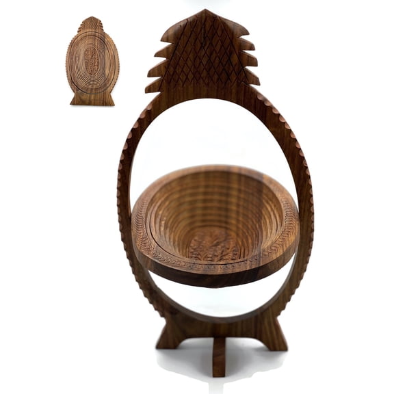 Valentines Gift Handmade Unique Gift Idea Solid Wooden Collapsible Fruit Shaped Basket Hand Carved Solid Wood (Pineapple)16"x8.5"