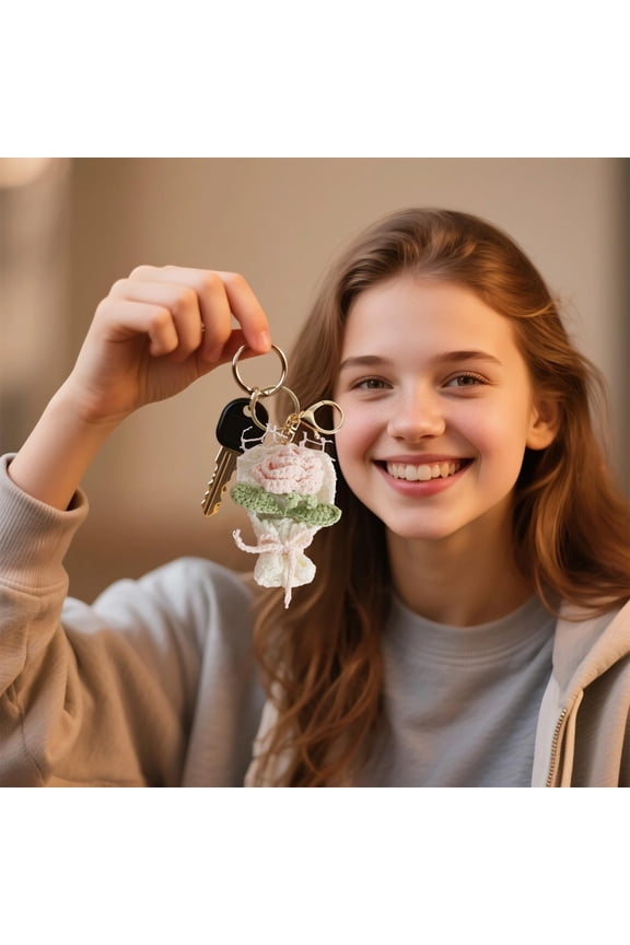 Valentines Gift Sweet Hand Knitted Rose Bouquet Crochet KeyChain Cute Car Key Ring Purse Bag Accessories for Women （Pink）