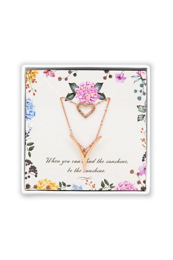 Valentines Gift for Her Fashion Rose gold Letter V Love Heart Double Chain Pendant Necklace Dainty layered Girlfriend Necklace With Jewelry Gift Box