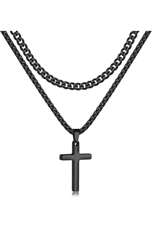 Valentines Gifts for Him - 2 count Chain Necklace for Men and Women, /14K /Black Layered Mens Necklaces Stainless Steel Pendant with Cuban Link and Box Chain 16-26 Inch