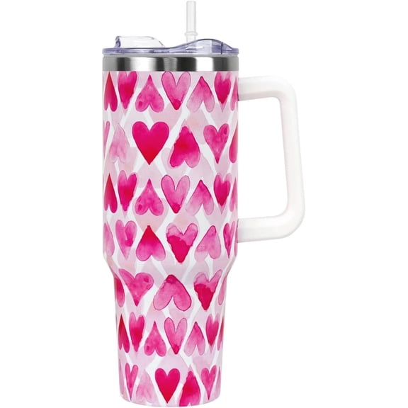 Valentines Gifts 40 oz Tumbler with Handle and Straw Lid,Cute Valentine''s Gift for Her Women Girlfriend Wife Pink Love Hearts Vacuum Insulated Leak Proof Stainless Steel Coffee Cup Mug