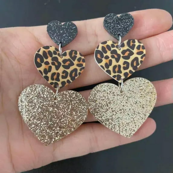 Valentines Gifts Glitter Acrylic Leopard Buffalo Triplet Love Hearts Earrings