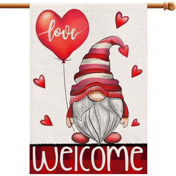 Valentines Gnome House Flags for Outside 28x40 Double Sided, Love Heart Welcome Banner Sign Small Farmhouse Yard Outdoor Decoration DF420-28