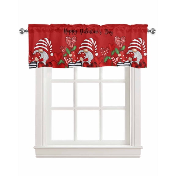 Valentines Gnomes Red Linen Curtain Valance for Bedroom/Bathroom/Kitchen/Office/Living/Dining Room Windows,Stripes Plaid Love Rose Flower Rod Pocket Topper Drapes Decorative Cafe Drapery Panel 42x12