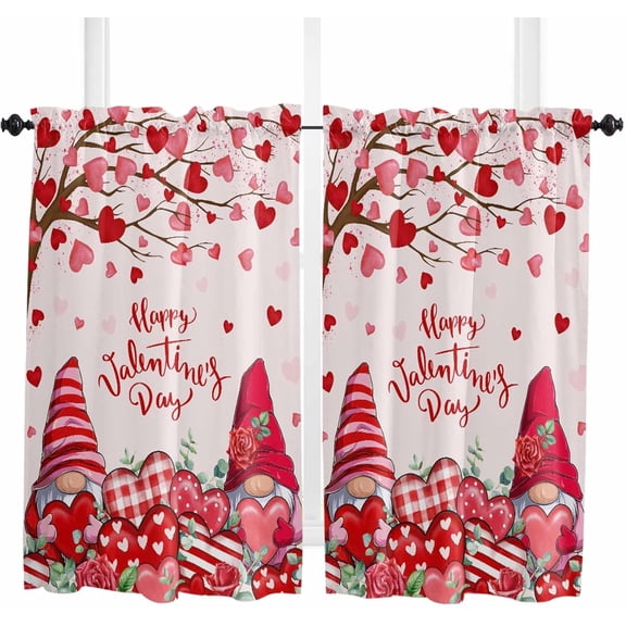 Valentines Gnomes Short Curtains 54 Inch Length - 2 Panels, Rod Pocket Curtain Panels, Red Love Heart Tree Floral Pink Window Treatment for Bedroom/Kitchen/Bathroom, 42W x 54L Inch
