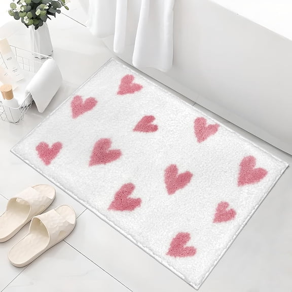 Valentines Heart Bath Mat for Bathroom Decor, Valentine''s Day Bathroom Rugs Non Slip Absorbent, Soft Fluffy Microfiber Bath Rug, for Bath, Tub, Shower or Sink Mats Washable, 20x30in, White