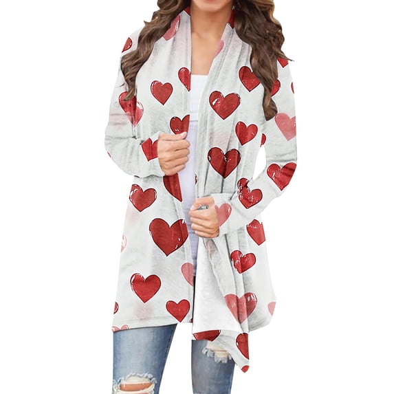 Valentines Heart Cardigan for Women Lightweight Open Front Sweater Tops Long Sleeve Holiday Casual Shirt
