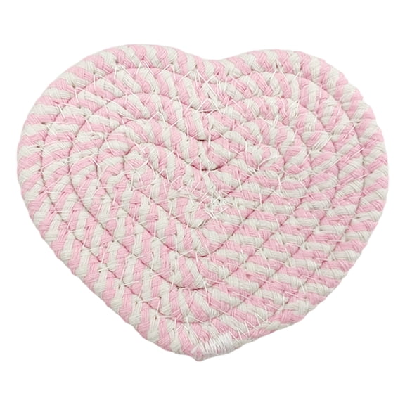 Valentines Heart Cup Coasters 1 Pack Pink Heart Coasters, Handmade Braided Cotton Cute Coasters, Valentines Drink Accessories for Home Restaurant Tea Coffee Bar Decoration(Pink)