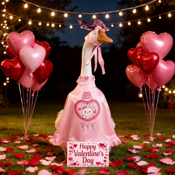 Valentines Heart Goose Outfit 23in,Cartoon Rabbit-Patterned Goose Clothing Pink Heart-Shaped Goose Costumes Valentine's Outdoor Patio Yard Lawn Decoration