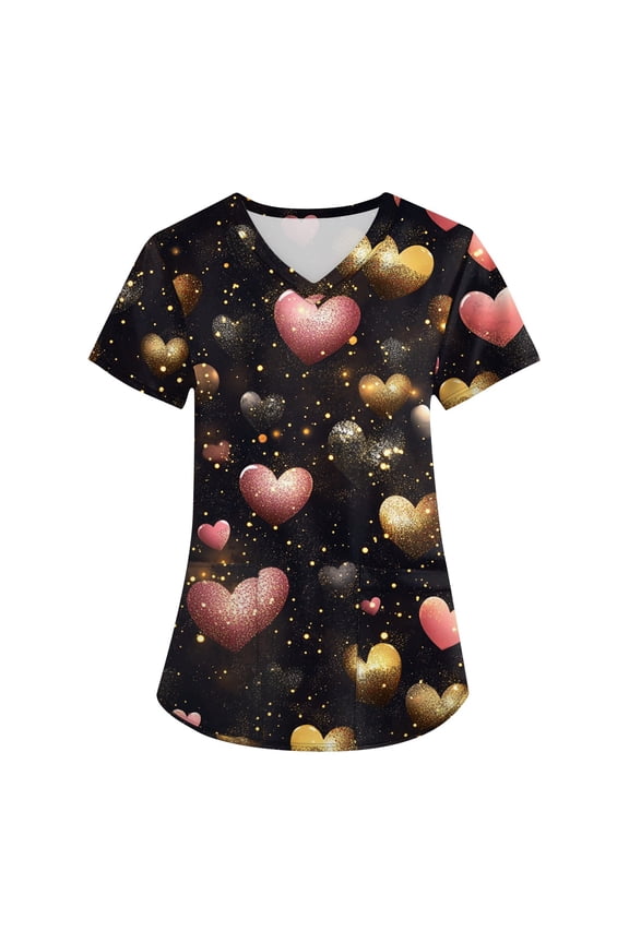 Valentines Heart Print Scrub Tops for Women Short Sleeve V Neck Nurse Working Uniforms with Pockets Holiday Tshirt 2026 Gold 4XL