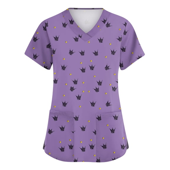 Valentines Heart Print Scrubs Short Sleeve V Neck Scrub Tops for Women Nurse Working Uniforms Holiday with Pockets Purple XL