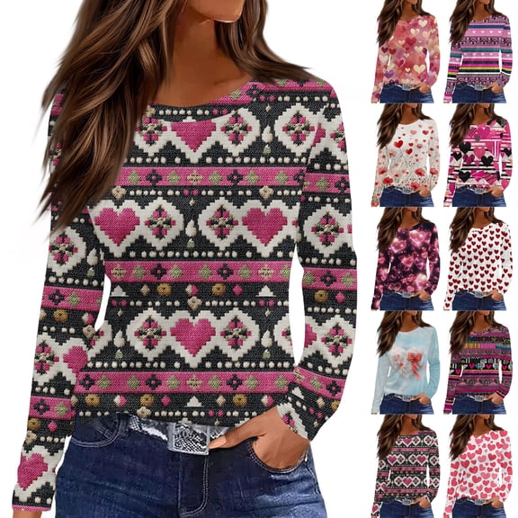 Valentines Heart Print Tops for Women Slit Hem Round Neck Long Sleeve Casual Loose Blouses Tunic Shirts Hot Pink XL